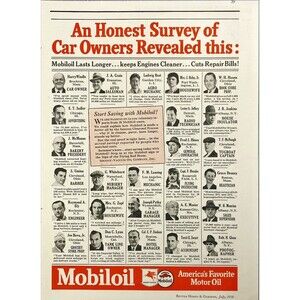 Mobiloil America's Favorite "An Honest Servey of Car Owners" Vtg Print Ad 1936